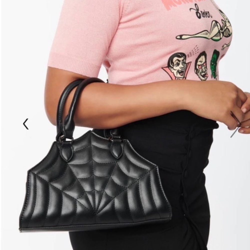 Unique Vintage Black Leatherette Spiderweb Handbag
